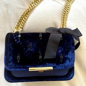Kate Spade Navy Velvet Beaded Bag with Gold Chain and bow detail